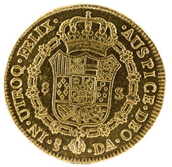 Ancient Spanish gold coin of King Carlos III. With a value of 8 escudos and minted in Santiago. 1788. Reverse.