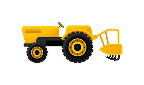 Open yellow tractor with tine ripper or plough. Agricultural machinery. Plowing equipment for work on fields. Flat vector icon