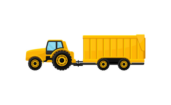 Bright yellow tractor with big trailer, side view. Heavy agricultural machinery. Farm equipment. Flat vector icon