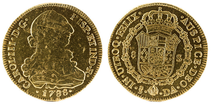 Ancient Spanish gold coin of King Carlos III. With a value of 8 escudos and minted in Santiago. 1788.