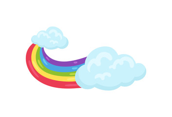 Multicolored rainbow with blue fluffy clouds. Decorative wall sticker for children room. Flat vector element for poster or flyer