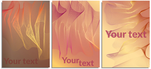 Vector set of posters with curved lines turning into each other, resembling cloth. Modern style, suitable for the cover of a folder for business, background, postcards, printing, covers for stationery