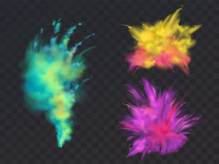 Vector realistic set of colorful powder clouds or explosions, isolated on transparent background. Abstract ink splashes, decorative vibrant paints for Holi fest, traditional spring indian holiday