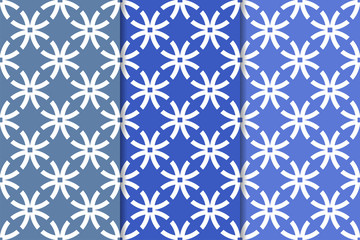Blue geometric ornaments. Set of seamless patterns