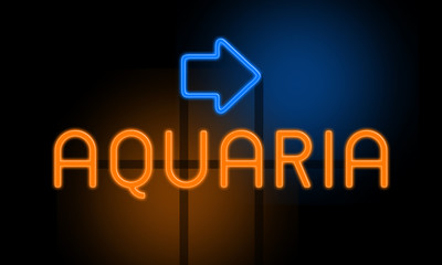 Aquaria - orange glowing text with an arrow on dark background