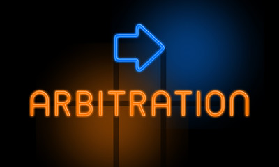 Arbitration - orange glowing text with an arrow on dark background