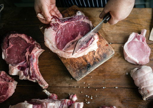 Butcher Cutting Rib Eye Steak Food Photography Recipe Idea