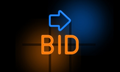 Bid - orange glowing text with an arrow on dark background