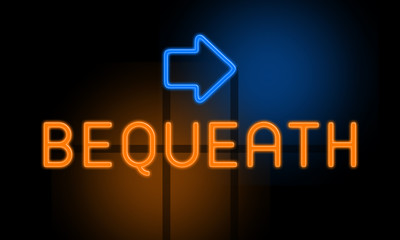 Bequeath - orange glowing text with an arrow on dark background