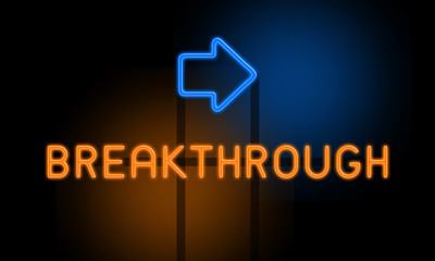 Fototapeta premium Breakthrough - orange glowing text with an arrow on dark background