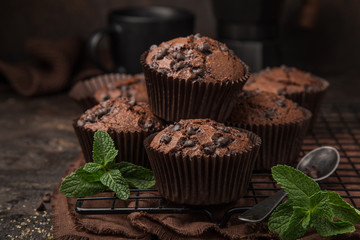 delicious chocolate muffins on  dark background