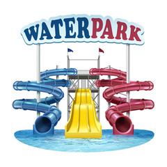 Vector illustration of screw plastic blue, red and yellow slides with water in pool at water park on white background