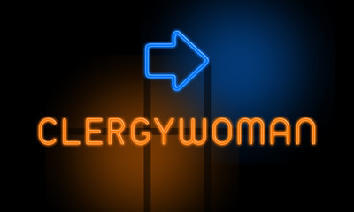 Clergywoman - orange glowing text with an arrow on dark background