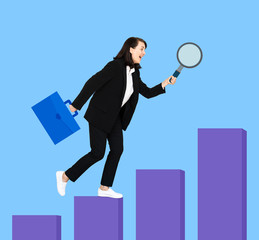 Businesswoman holding magnifier and briefcase raising on a graph