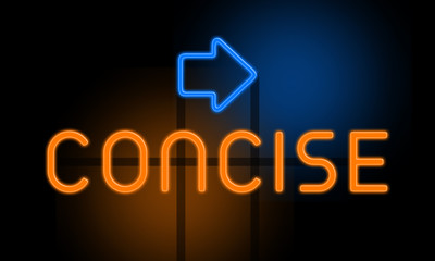 Concise - orange glowing text with an arrow on dark background