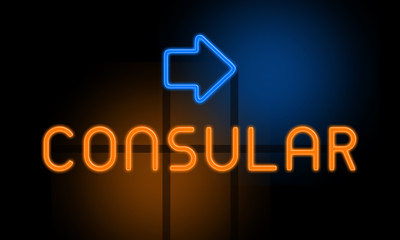 Consular - orange glowing text with an arrow on dark background