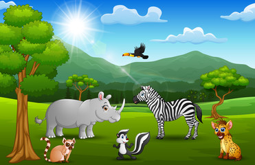 Cartoon wild animal in the jungle with a mountain background