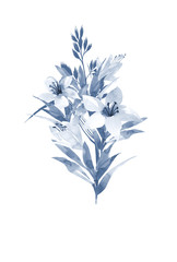 Cute bouquet with lily flowers and leaves watercolor in hand drawn style in blue. Floral design element isolated on white background
