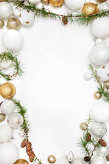 Fototapeta na wymiar Christmas white wood background with white and gold decoration