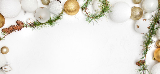 Christmas white wood background with  white and gold decoration