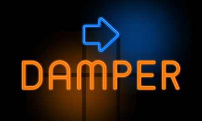 Damper - orange glowing text with an arrow on dark background