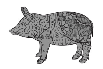 Pig on white. Zen art. Zentangle. Hand drawn animal with intricate patterns on isolated background. Design for spiritual relaxation for adults. Black and white illustration for coloring. Print