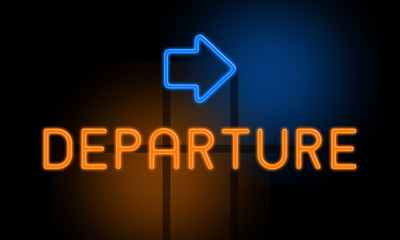 Departure - orange glowing text with an arrow on dark background