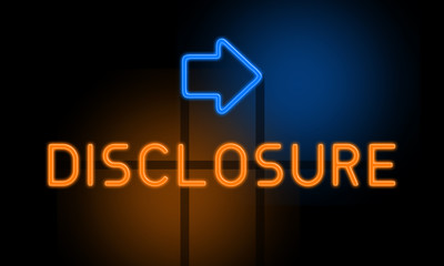Disclosure - orange glowing text with an arrow on dark background