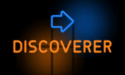 Discoverer - orange glowing text with an arrow on dark background