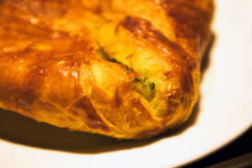 Single appetizing ruddy spinach pie on a white plate in a showcase