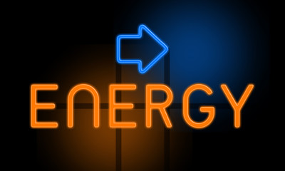 Energy - orange glowing text with an arrow on dark background