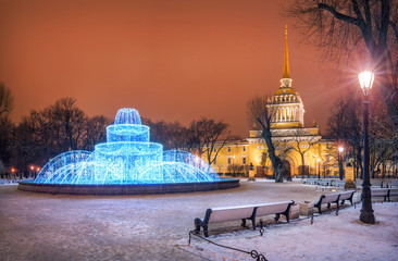 Новогодний фонтан у Адмиралтейства в Санкт-Петербурге New Year's Fountain at the Admiralty  in St. Petersburg - obrazy, fototapety, plakaty