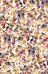 Seamless watercolor Christmas pattern with berries and spruce