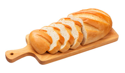 Sliced bread on wooden cutting board isolated on white background