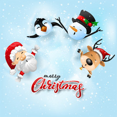 Funny Christmas Greeting Card, With Santa Claus, Deer, Snowman and penguin, vector illustration.
