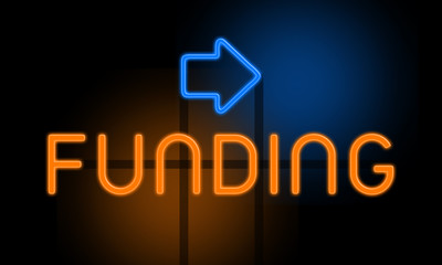 Funding - orange glowing text with an arrow on dark background