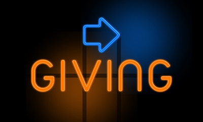 Giving - orange glowing text with an arrow on dark background