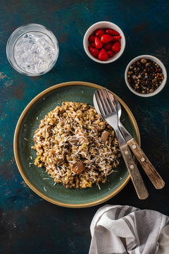 Barley porridge with mushrooms and chicken, top view