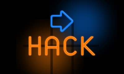 Hack - orange glowing text with an arrow on dark background