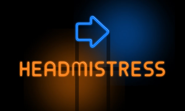 Headmistress - orange glowing text with an arrow on dark background