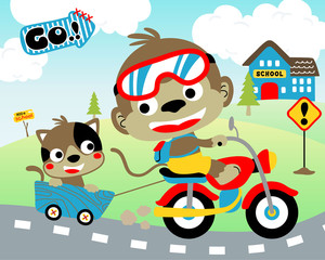Fun travel with funny animals on motorbike. Vector illustration. Eps 10