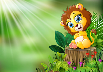 Obraz na płótnie Canvas Cartoon of baby lion sitting on tree stump with green leaves and flowering plant