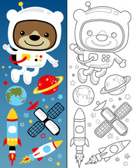 Coloring book or page with funny astronaut cartoon in outer space