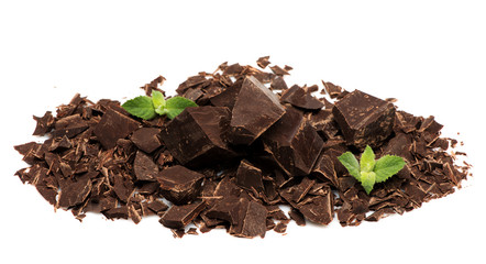 Chopped Chunks ochocolate on a white background. Background chocolate