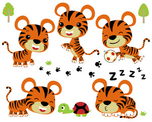 Obraz premium Vector cartoon illustration of little tiger with turtle