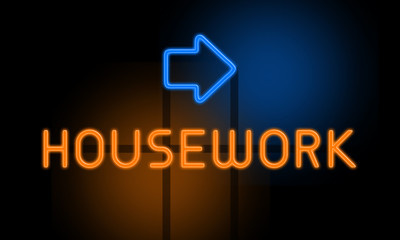 Housework - orange glowing text with an arrow on dark background