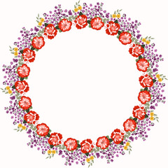 Floral round frame from cute petunias flowers. Greeting card template. Design artwork for the poster, tee shirt, pillow, home decor. Summer wild flowers wreath.