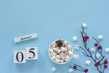 Calendar January 5 Cup of cocoa, marshmallows and branch berries