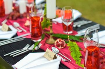 Name cards on each guest's plate, wedding dinner in burgundy tones. Details of grapes, pomegranate, green fern leaves, napkins and red tablecloth.
