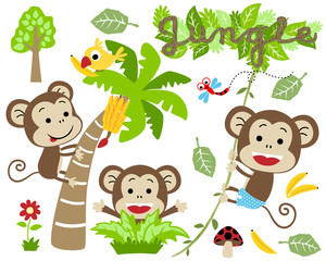 Vector set of funny monkeys cartoon with banana tree in jungle © Bhonard21